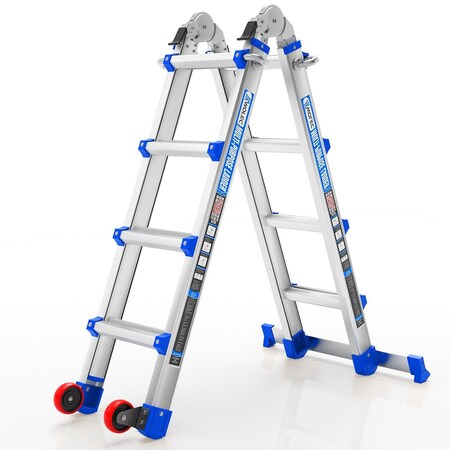 Wrightmaster 14ft Reach Aluminum Multi-Position Ladder w/ Wheels and Stabilizer Bar, 330 lbs. Load Capacity Blue ZOR-14FT-BU
