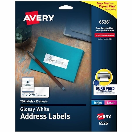 Avery reg Easy Peel High Gloss White Mailing Labels, White, 750PK AVE6526