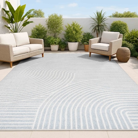 Jonathan Y Hallie High-Low Minimalist Curve Geometric Light Blue/Cream 8 ft. x 10 ft. Indoor/Outdoor Area Rug SCN100E-8