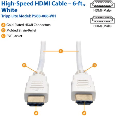 Tripp Lite 6FT HIGH SPEED HDMI CABLE DIGITAL VIDEO WITH AUDIO 4K X 2K M/M WHITE 6FT P568-006-WH