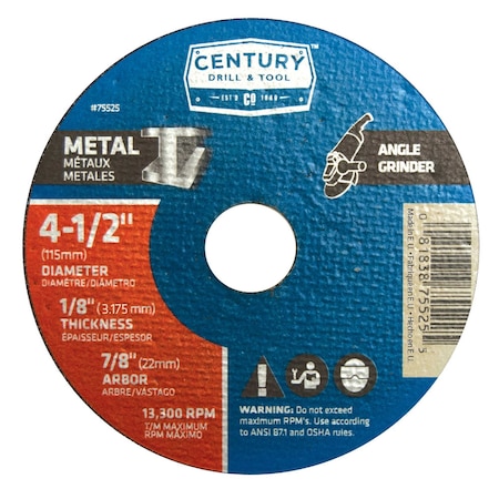 Century Drill & Tool Abrasive Cut-Off Wheel, TYPE 1A, 4-1/2 in Dia, 1/8 in Thick, 7/8 in Arbor Hole Size, Aluminum Oxide 75525