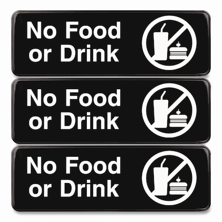 Excello Global Products No Food or Drink Wall Sign, 9in x 3in, Black Face, White Graphics, 3PK EGP-HD-0267-S