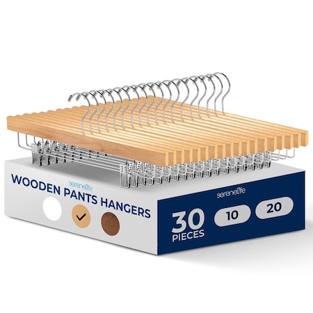 Serenelife Skirt and Pant Hanger with Adjustable Non-Slip Steel Clips, Premium Wooden, 360 degrees, 30PK SLWPNW30