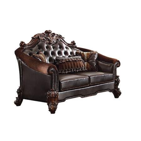 Homeroots 66in Brown And Dark Brown Chenille And Faux Leather Loveseat and Toss Pillows 515705