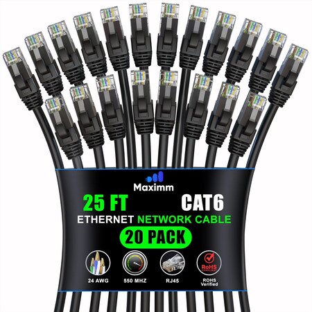 Maximm Cat6 Ethernet Cable 25ft 10Gbps 550MHz UTP, 20PK, Black, 20PK CAT6CCA-25FTBK-20PK