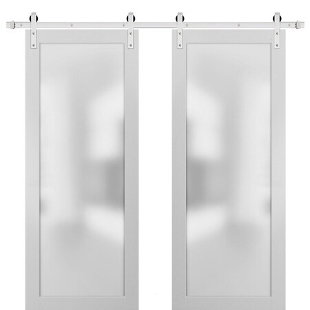 Sartodoors Sturdy Double Barn Door with Frosted Glass Planum 2102 White 36x96 Solid Core Modern Interior PLANUM2102DB-S-WS-36 x 96-Frosted Glass