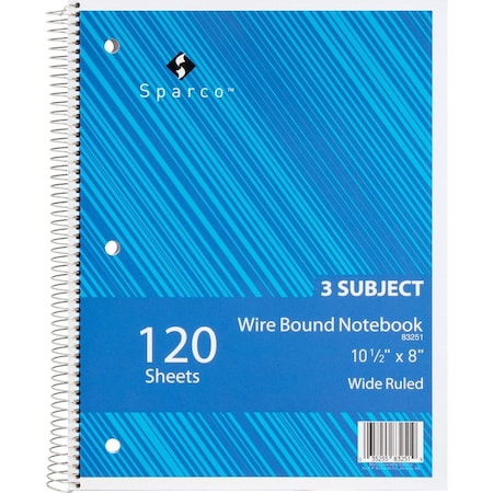 Sparco 3-Subject Notebook, 8" x 10-1/2", Wide Ruled, Bright White, 120 Sheets/Pad 83251