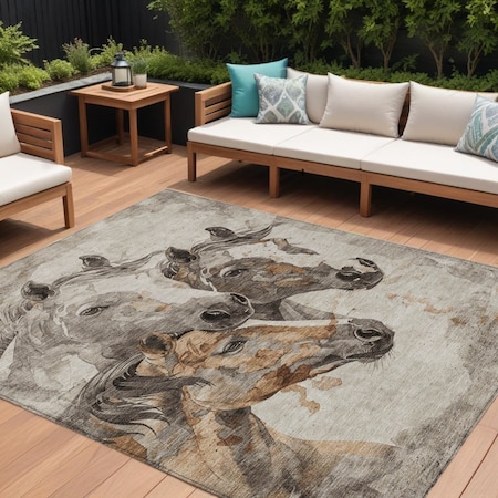 Homeroots 10' X 14' Beige And Gray Horse Washable Indoor Outdoor Area Rug 618672