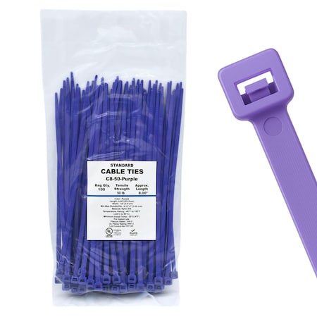 Cable Ties Unlimited Cable Tie, 8 in L, 50 lb Strength, 2.2 in Max Bundle Dia, Nylon 6/6, Purple 100PK C8-50-Purple