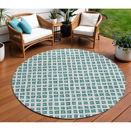Homeroots 8' Teal Blue And Ivory Round Geometric Washable Indoor Outdoor Area Rug 583320