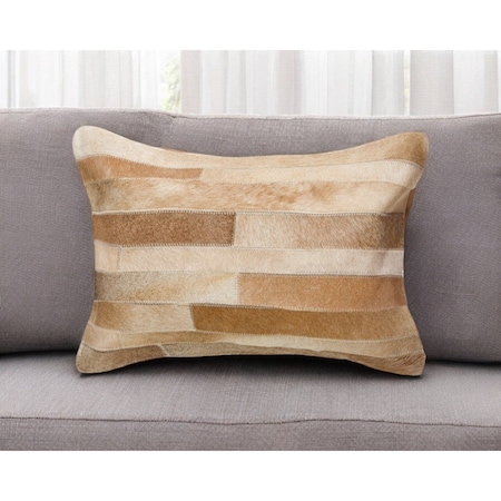 Homeroots 12" X 20" Tan Patchwork Cowhide Lumbar Throw Pillow 544627