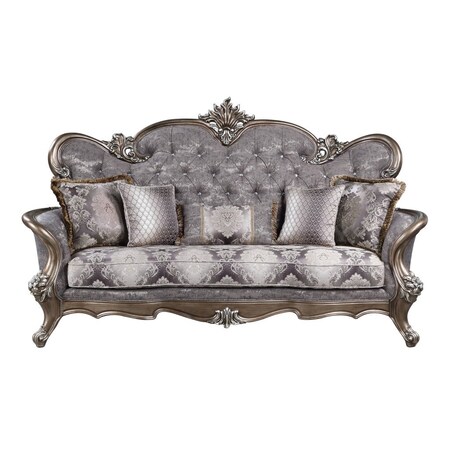 Homeroots 90" White Cotton Blend Damask Sofa And Toss Pillows With Bronze Legs 491341
