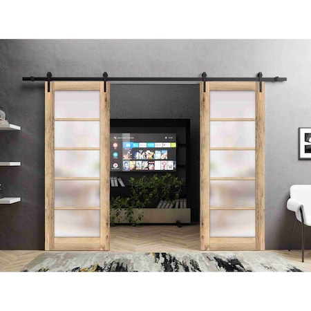 Sartodoors Sturdy Double Barn Door with Frosted Glass Oak 72x84 (2* 36x84) Solid Core Modern Interior QUADRO4002DB-DUB-7284