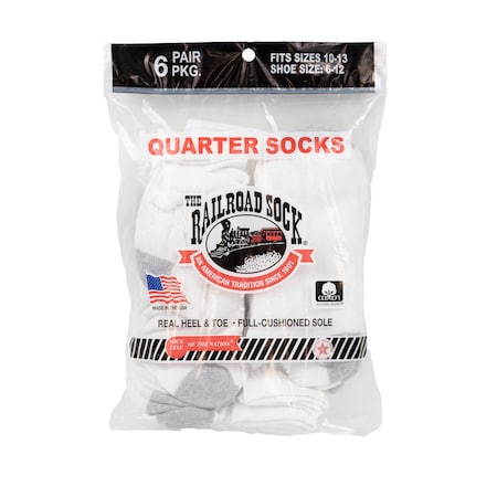 Railroad Sock Mens Quarter Socks, 85% Cotton, 15% Nylon, White, 6-12 M, 6 PK 6068