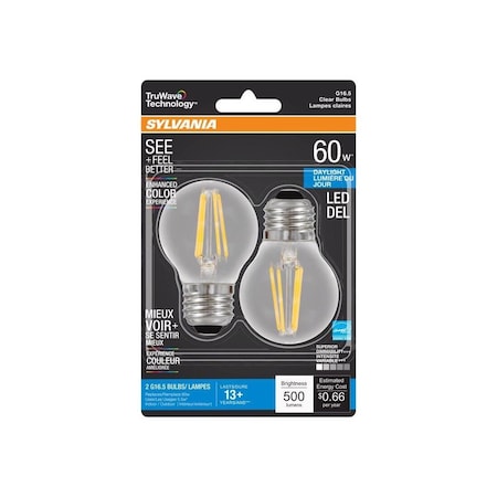 Sylvania LED Bulb Truwave G16.5 E26 (Medium) Daylight 60 Watt Equivalence Clear, 2PK 40851