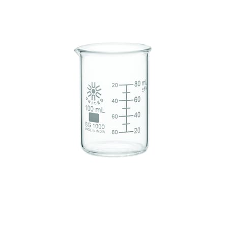 Zoro Select Beaker, Borosilicate Glass, Low Form, 100 mL / 3.3 fl oz Capacity, A Type I, 12 PK BG1000-100