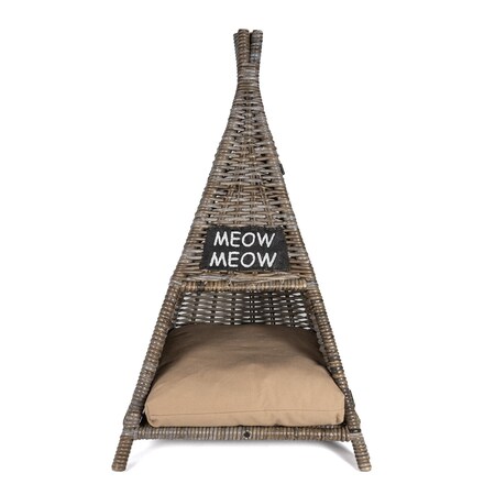 The Licker Store Tiki Tent 20 in x 20 in Coastal Handwoven Rattan Pet Bed with Machine-Washable Cushion, Kubu Gray CBD1002A