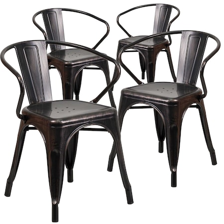 Flash Furniture Black-Antique Gold Metal Indoor-Outdoor Chair with Arms, PK4 4-CH-31270-BQ-GG