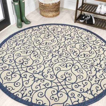 Jonathan Y Madrid Vintage Filigree Textured Weave Navy/Beige 5 ft Round Indoor/Outdoor Area Rug SMB107G-5R