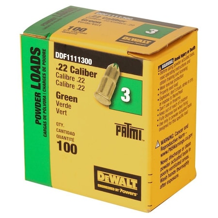 Dewalt Powder Actuated Load, 0.22 Caliber, Power Level: 2, 100PK DDF1111300