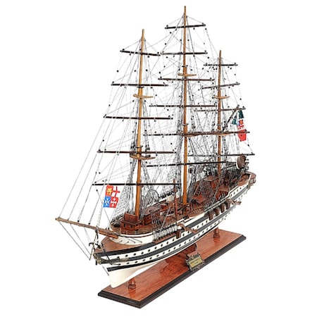 Homeroots 32" Black and White Solid Wood Hand Painted Amerigo Vespucci Model Boat 401836