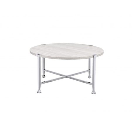 Homeroots 36" White and Silver Metal Round Cross Legs Coffee Table 490522