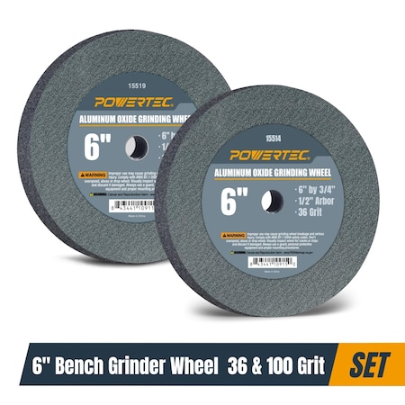 Powertec Aluminum Oxide Bench Grinding Wheel 6 in, 36 & 100 Grit, 3/4 in Thick 1/2 in Arbor, 2PK 15530