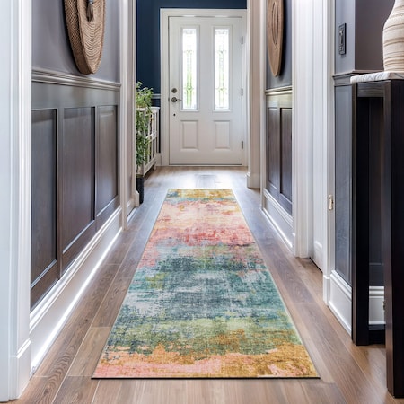 World Rug Gallery Contemporary Distressed Abstract Washable Non Slip Runner Rug 2 ft x 10 ft Multi WR82MULTI2X10