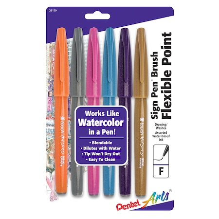 Pentel Sign Pen Brush Tip, Assorted Colors, 6-Piece Set, Fashion Colors SES15CBP6M1