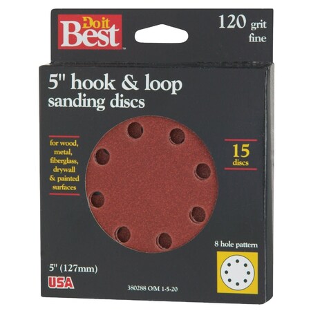 Do It Best 5'' 120-Grit 8-Hole Pattern Vented Sanding Disc with Hook & Loop Backing, 15PK 380288GA