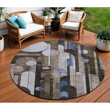 Homeroots 8' Brown Gray And Blue Round Geometric Washable Indoor Outdoor Area Rug 604496