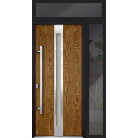 Vdomdoors Steel Door Deux 1744 Natural Oak Sidelight and Transom Black Window Stainless Inserts Single Modern DEUX1744EXD-OAKB-W36+12xH80+16-RH-O