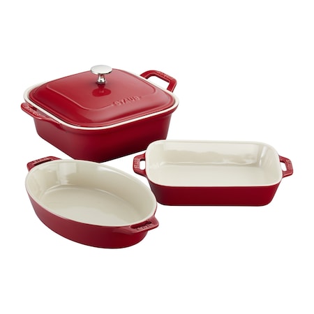 Staub Ceramic 4-pc Baking Pans Set, Casserole Dish with Lid, Brownie Pan, Cherry 1014874
