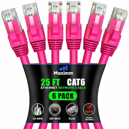 Maximm Cat6 Ethernet Cable 25ft 10Gbps 550MHz UTP, 6PK, Pink, 6PK CAT6-CCA-25FTPINK-6PK