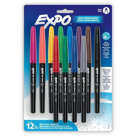 Expo Vis-a-Vis Wet Erase Markers, Fine Point, Assorted, 12 Color Set 2211379
