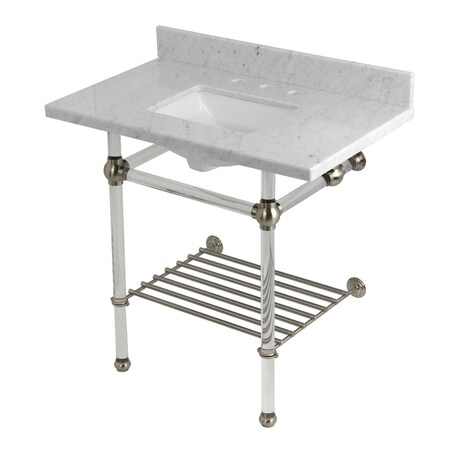 Kingston Brass 36-Inch Carrara Marble Console Sink with Acrylic Legs and Shelf, 8-Inch, 3-Hole KVPB36MASQB8