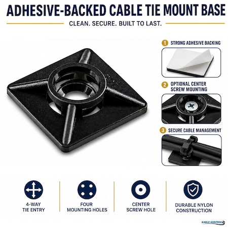Kable Kontrol Adhesive Cable Tie Mounts, 3/4" Sq, UV Black Nylon, PK100 CT284