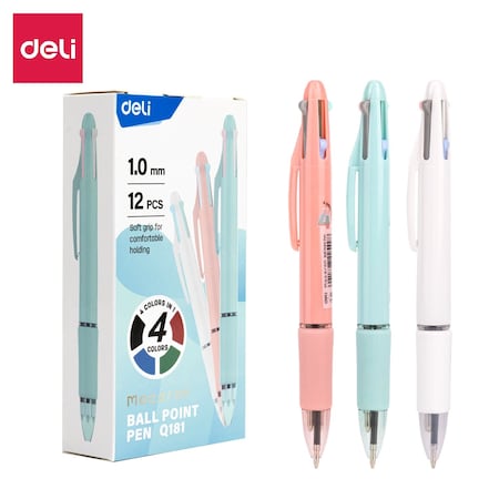 Deli Retractable Ballpoint 1.0mm, Assorted Ink/Barrels, Soft Grip, 12PK EQ181