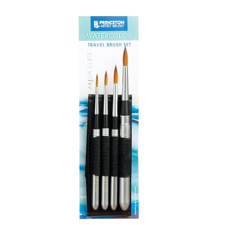 Princeton Aqua Elite Brush Travel Set, Synthetic Bristles, Short Handle Watercolor Paintbrush, 4-Piece Set P4850TRSET