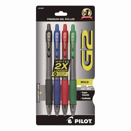 Pilot G2 Premium Gel Pen, Retractable, Bold 1 mm, Assorted Ink and Barrel Colors, 4PK 31255