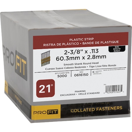 Pro-Fit 2-3/8'' x 0.133'' 21Deg Plastic Strip Smooth Shank Round Head Brite Framing Stick Nails, 5000 Ct. 616150