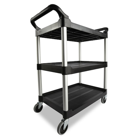 Rubbermaid Commercial Dual-Handle Utility Cart with Lipped Plastic Shelves, Plastic, 200 lb Load Capacity, 3 Shelves FG342488BLA