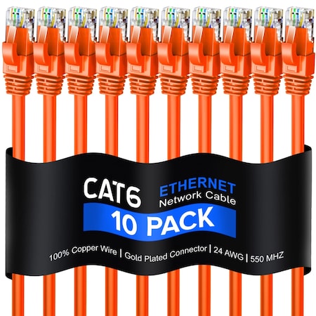 Maximm Cat6 Ethernet Cable 25ft 10Gbps 550MHz UTP, 10PK, Orange, 10PK CAT625FT10PKOrange