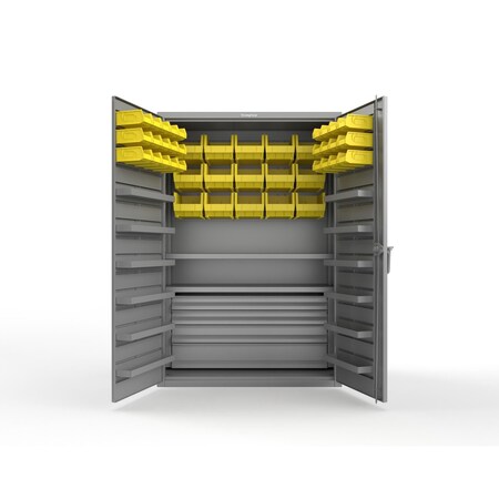Strong Hold 14 GA Bin Cabinet with 2 Shelves, 4 Drawers - 48 In W. x 72 In. H x 24 In. D - 42 Yellow Bins 46-BBS-242-4DB-42Y-12DP-NL-L
