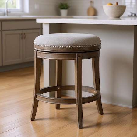 Homeroots 26" Gray and Oak Fabric and Solid Wood Backless Counter Height Swivel Bar Chair 632387