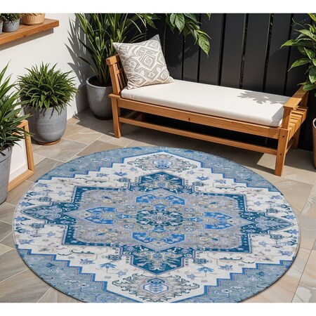 Homeroots 8' Blue Gray And Ivory Round Oriental Washable Indoor Outdoor Area Rug 600146