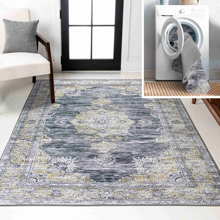 Jonathan Y Bausch Bohemian Distressed Chenille Non-Slip Machine-Washable Dark Gray/Yellow 3ft x 5ft Area Rug WSH201C-3