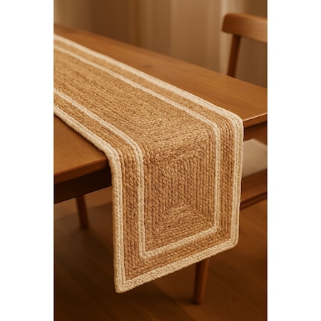Homeroots 80" Natural And Cream Border Braided Jute Table Runner 534186