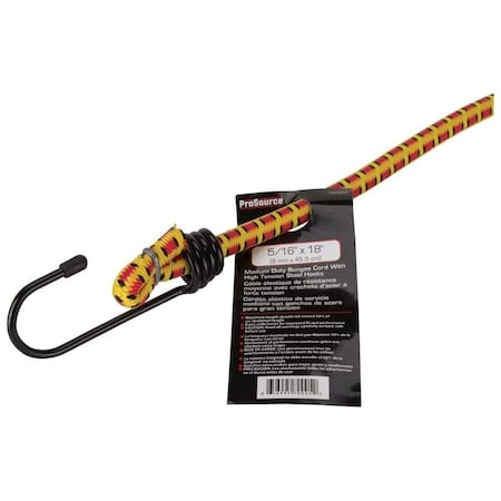 Prosource Stretch Cord, 8 mm Dia, 18 in L, Polypropylene, Red/Yellow, Hook End RT0818