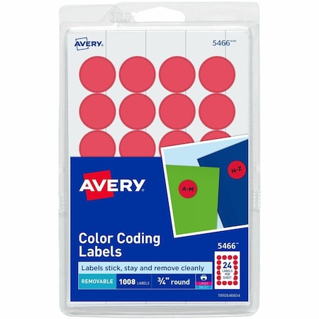 Avery Print or Write Removable Color-Coding Labels, 3/4" Dia, Red, 1008/Pack 5466